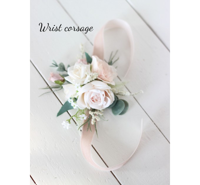  Wedding boutonnieres and wrist corsage  in beige white blush pink color theme. Flower accessories. 0028 EU UK