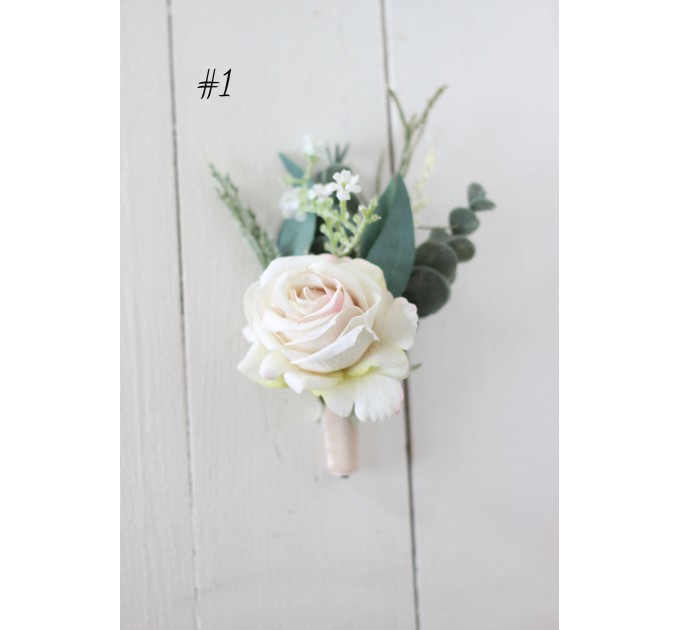  Wedding boutonnieres and wrist corsage  in beige white blush pink color theme. Flower accessories. 0028 EU UK