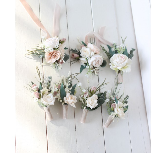  Wedding boutonnieres and wrist corsage  in beige white blush pink color theme. Flower accessories. 0028 EU UK