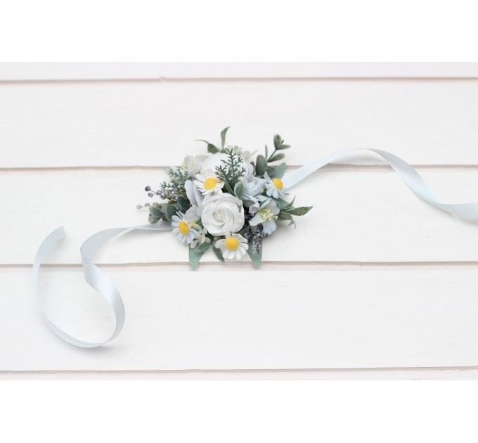  Wedding boutonnieres and wrist corsage  in white sky blue color scheme. Flower accessories. 5253