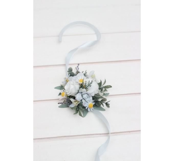  Wedding boutonnieres and wrist corsage  in white sky blue color scheme. Flower accessories. 5253