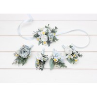  Wedding boutonnieres and wrist corsage  in white sky blue color scheme. Flower accessories. 5253