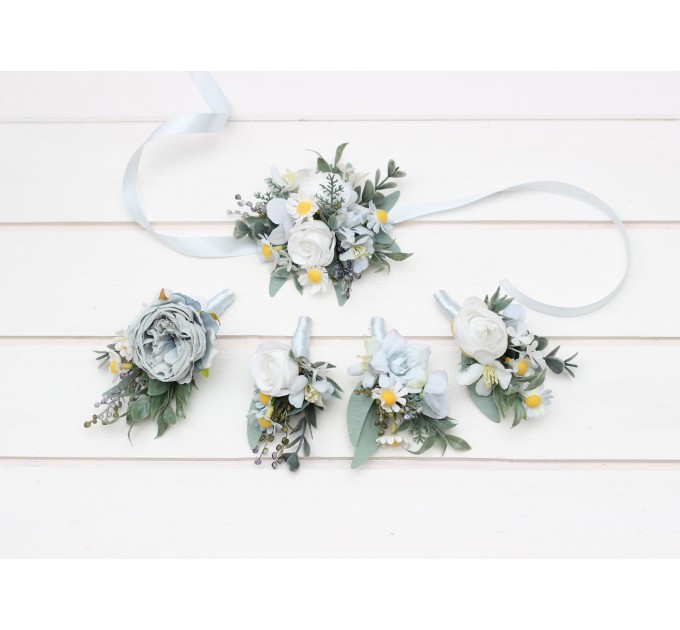  Wedding boutonnieres and wrist corsage  in white sky blue color scheme. Flower accessories. 5253