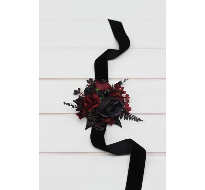  Wedding boutonnieres and wrist corsage  in black and burgundy color scheme. Flower accessories. Pocket boutonniere. 5325