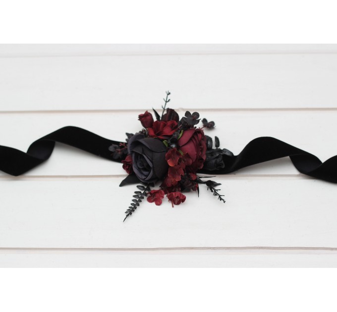  Wedding boutonnieres and wrist corsage  in black and burgundy color scheme. Flower accessories. Pocket boutonniere. 5325