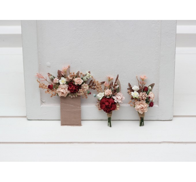  Wedding boutonnieres  in blush pink burgundy color scheme. Flower accessories. Pocket boutonniere. Square flowers. Rustic wedding. 5342