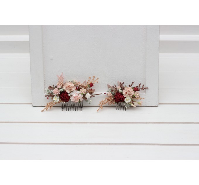 Flower comb in burgundy blush pink  color scheme. Wedding accessories for hair. Bridal flower comb. Bridesmaid floral comb. Rustic wedding. 5342