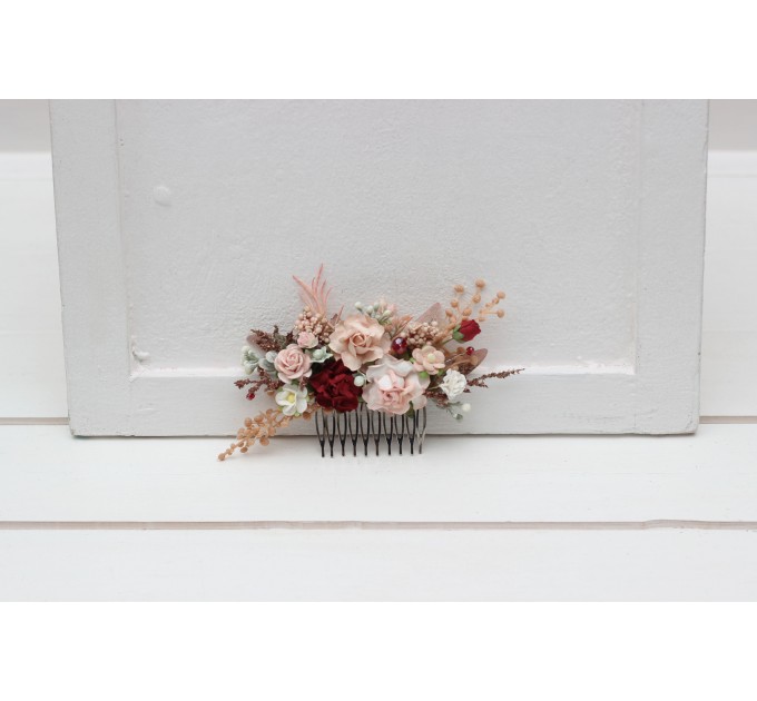 Flower comb in burgundy blush pink  color scheme. Wedding accessories for hair. Bridal flower comb. Bridesmaid floral comb. Rustic wedding. 5342