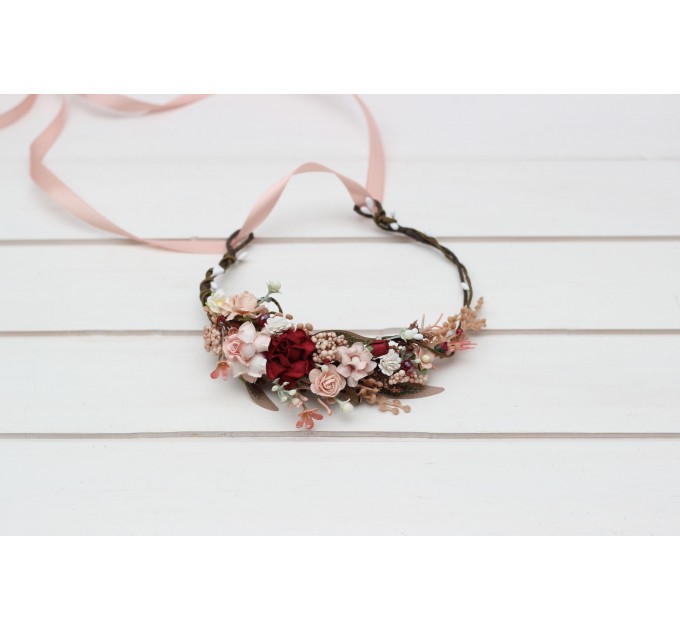 Burgundy blush pink  flower crown. Hair wreath. Flower girl crown. Wedding flowers.5342