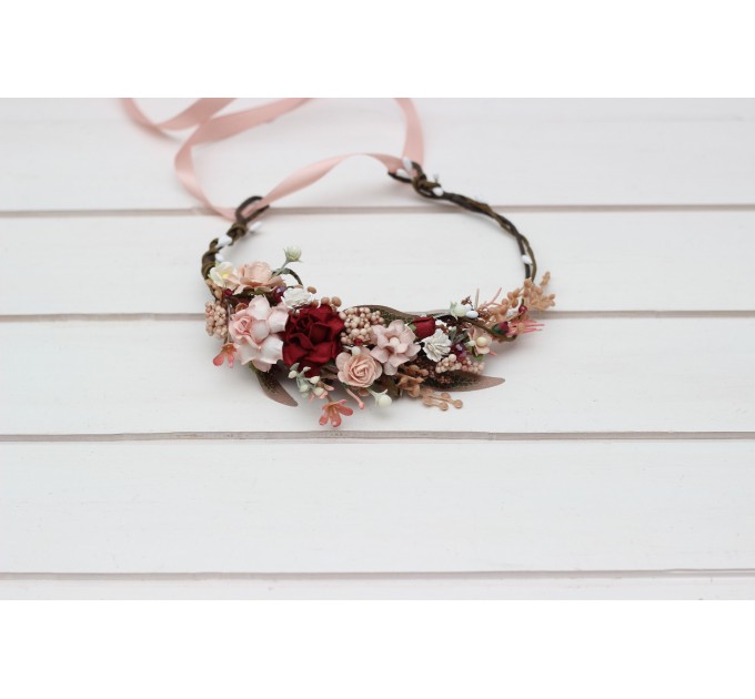 Burgundy blush pink  flower crown. Hair wreath. Flower girl crown. Wedding flowers.5342