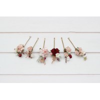  Set of  6  hair pins in  burgundy blush pink color scheme. Flower hair pins. Hair accessories. Flower accessories for wedding.  Bridesmaid gift.  5342