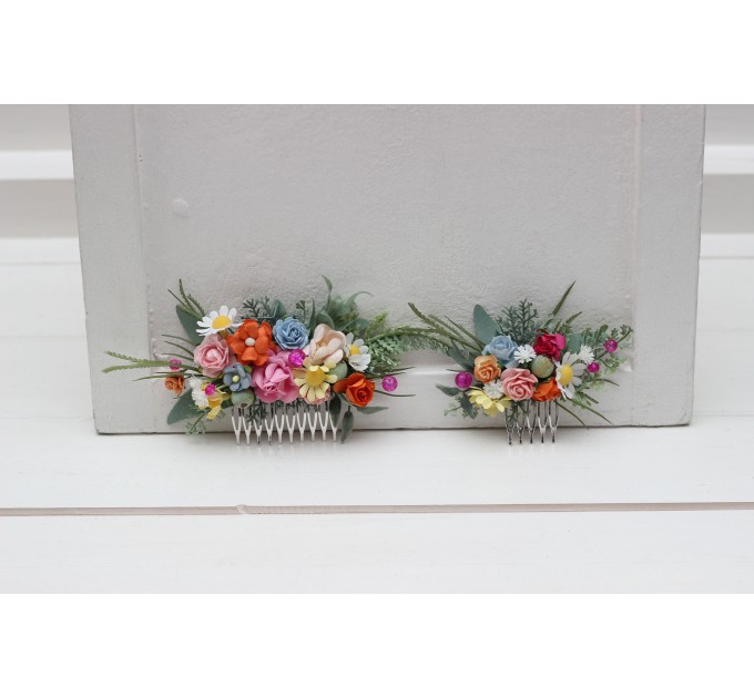 Flower comb in colorful color scheme. Wedding accessories for hair. Bridal flower comb. Bridesmaid floral comb. Daisy comb. Wildflofers comb. 5306