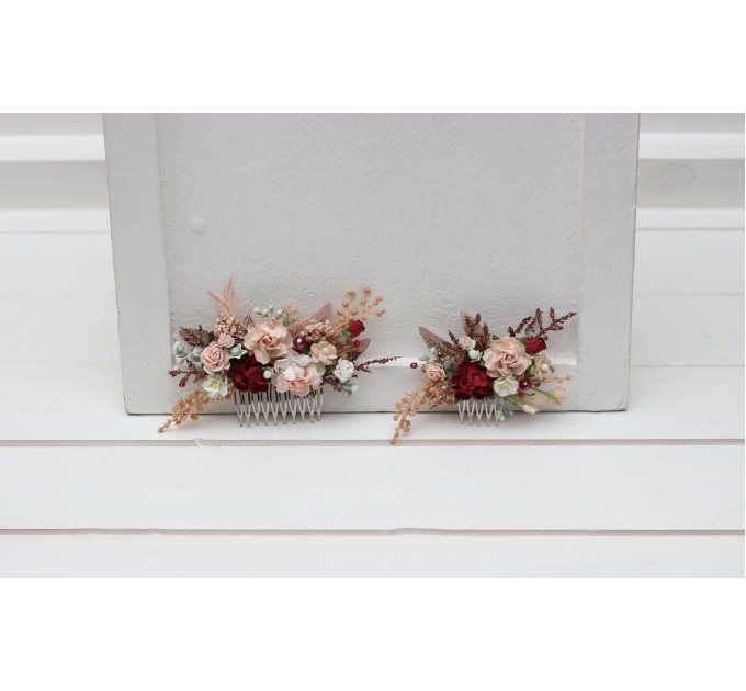 Flower comb in burgundy blush pink  color scheme. Wedding accessories for hair. Bridal flower comb. Bridesmaid floral comb. Rustic wedding. 5342