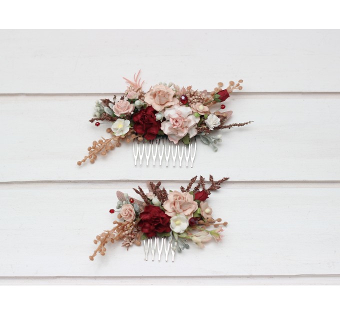 Flower comb in burgundy blush pink  color scheme. Wedding accessories for hair. Bridal flower comb. Bridesmaid floral comb. Rustic wedding. 5342