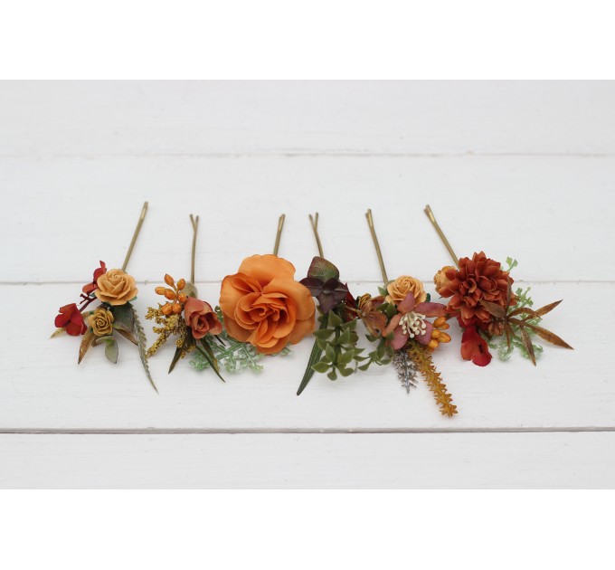  Set of  6 bobby pins in orange rust color scheme. Hair accessories. Flower accessories for wedding.  0057 EU UK