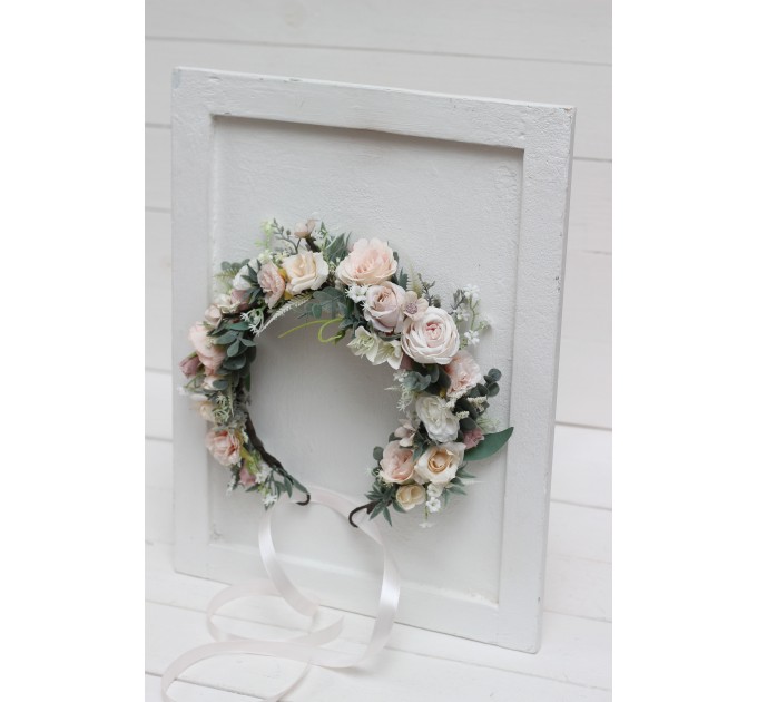 Beige white blush pink flower crown. Hair wreath. Flower girl crown. Wedding flowers. 0028 EU UK