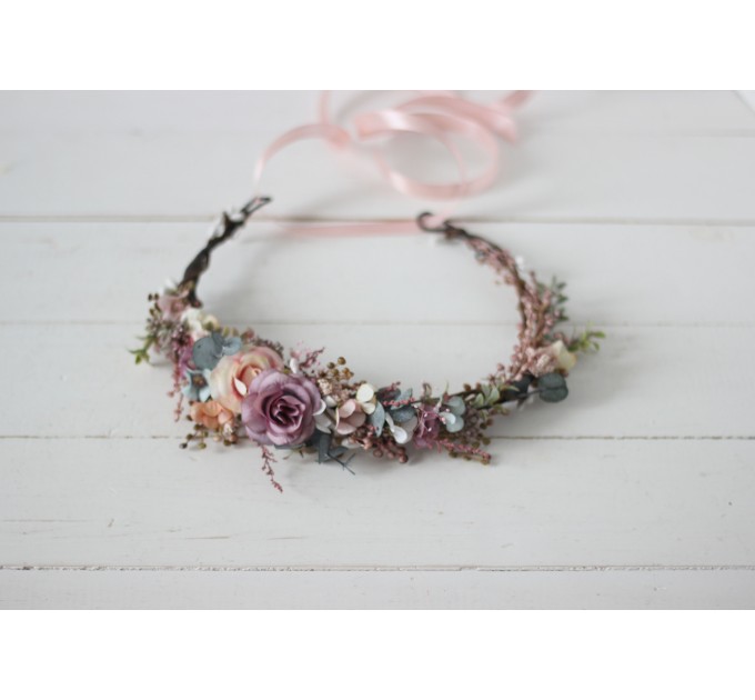 Dusty rose purple pink flower crown. Hair wreath in  pastel colors. Flower girl crown. Wedding flowers. 0004 EU UK