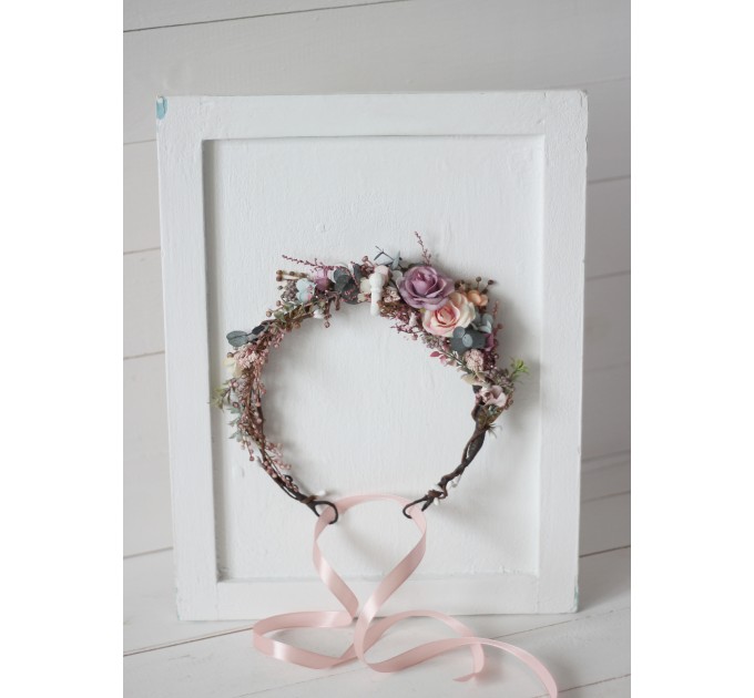 Dusty rose purple pink flower crown. Hair wreath in  pastel colors. Flower girl crown. Wedding flowers. 0004 EU UK