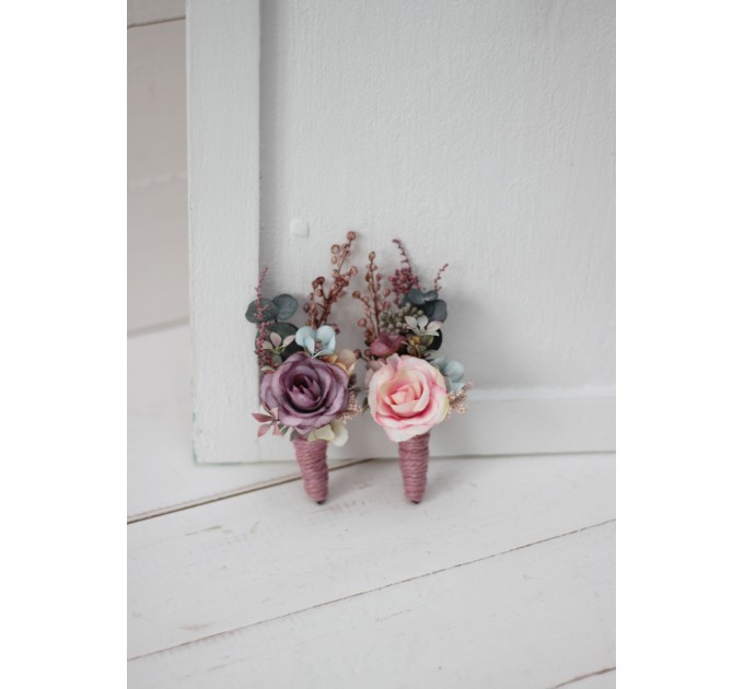  Wedding boutonnieres  in pastel color theme.Dusty rose purple pink flower accessories. 0004 EU UK