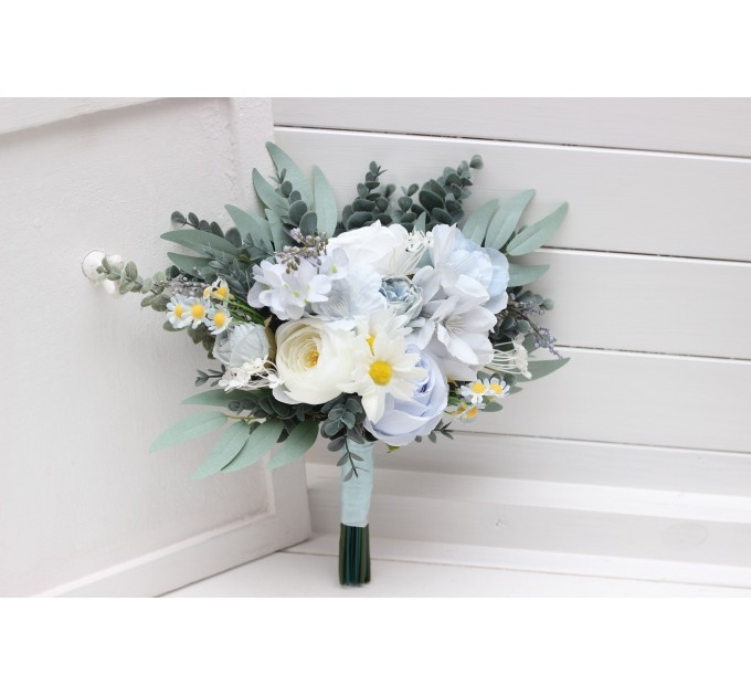 Wedding bouquets in white sky blue colors. Wildflowers bridal bouquet. Cascading bouquet. Faux bouquet. Summer bouquet. Bridesmaid bouquet. 5253