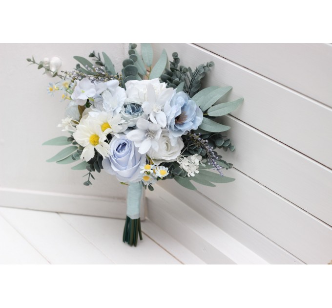 Wedding bouquets in white sky blue colors. Wildflowers bridal bouquet. Cascading bouquet. Faux bouquet. Summer bouquet. Bridesmaid bouquet. 5253