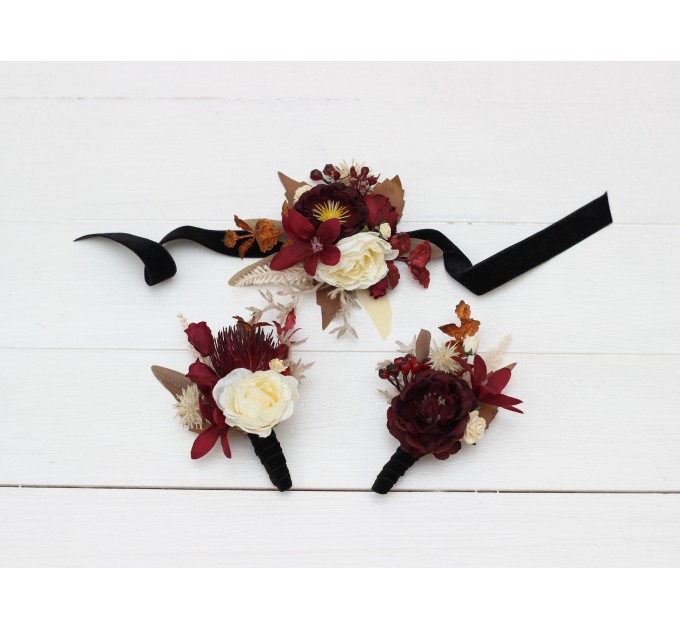  Wedding boutonnieres and wrist corsage  in burgundy brown cream color theme. Flower accessories. 0041 EU UK