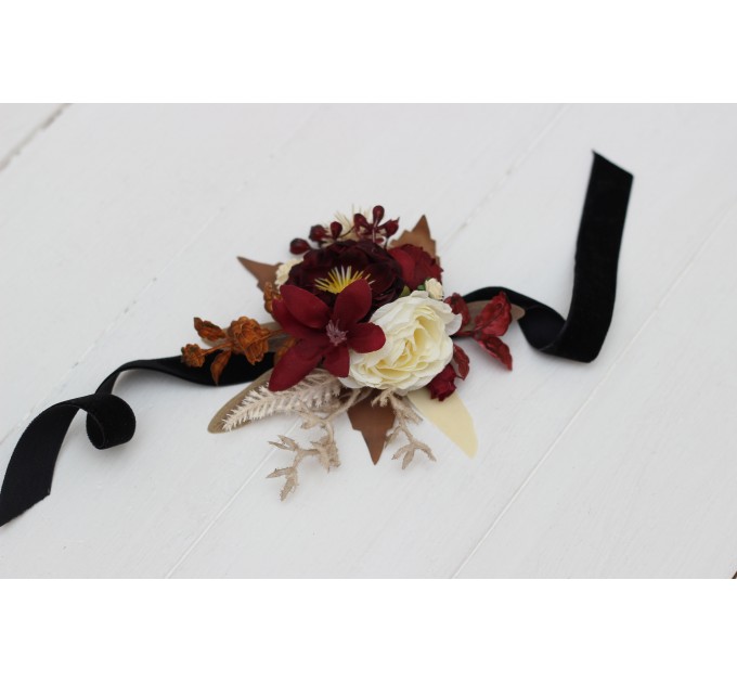  Wedding boutonnieres and wrist corsage  in burgundy brown cream color theme. Flower accessories. 0041 EU UK