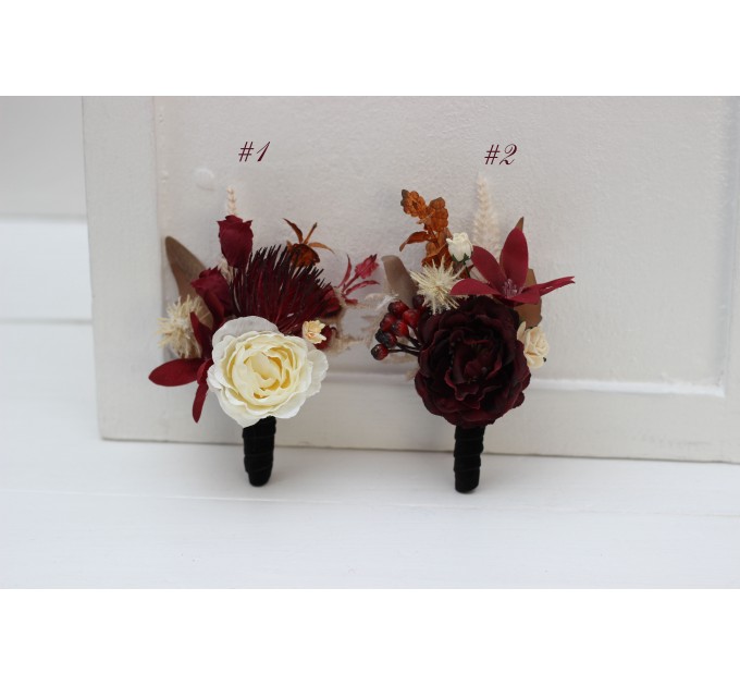  Wedding boutonnieres and wrist corsage  in burgundy brown cream color theme. Flower accessories. 0041 EU UK