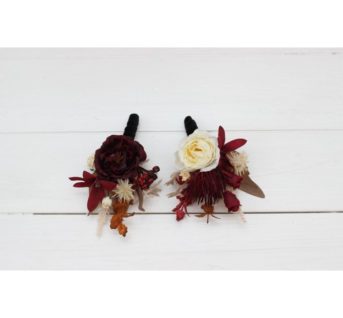  Wedding boutonnieres and wrist corsage  in burgundy brown cream color theme. Flower accessories. 0041 EU UK