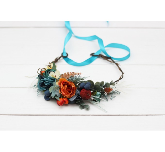 Teal rust ivory flower crown. Hair wreath. Flower girl crown. Wedding flowers. 0034 EU UK