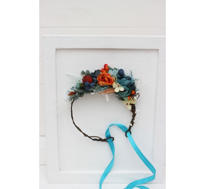 Teal rust ivory flower crown. Hair wreath. Flower girl crown. Wedding flowers. 0034 EU UK