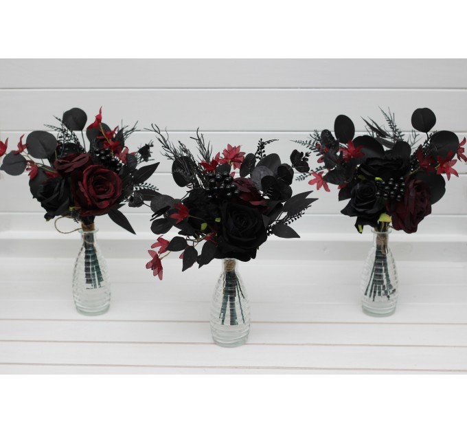 Mini bouquets for vases in black burgundy color scheme. Flowers for wedding decor. Table flowers. Centerpiece. 5325