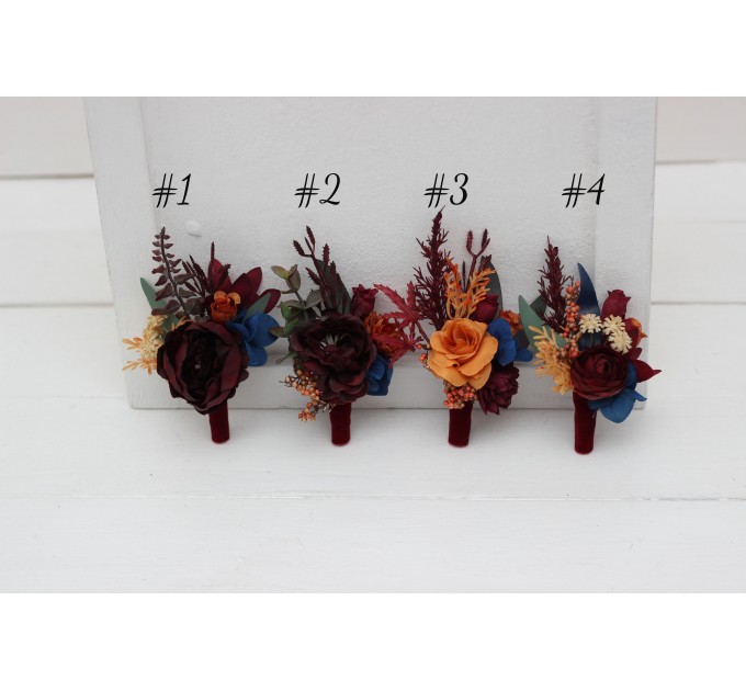 Wedding boutonnieres and wrist corsage in rust orange burgundy navy blue color theme. Flower accessories. 0043 EU UK