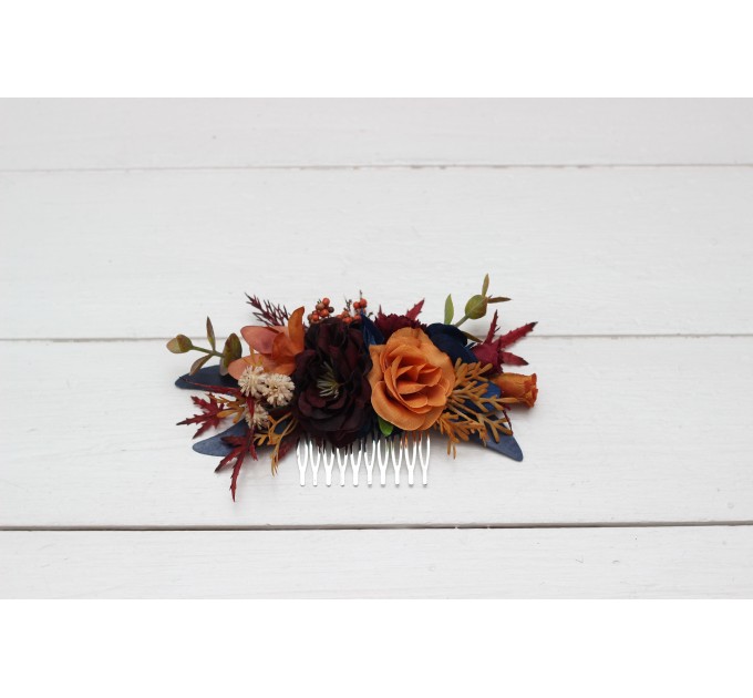 Flower comb in rust orange burgundy navy blue color scheme. Wedding accessories for hair. Bridal flower comb. Bridesmaid floral comb. 0043 EU UK