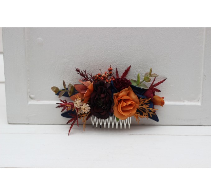 Flower comb in rust orange burgundy navy blue color scheme. Wedding accessories for hair. Bridal flower comb. Bridesmaid floral comb. 0043 EU UK