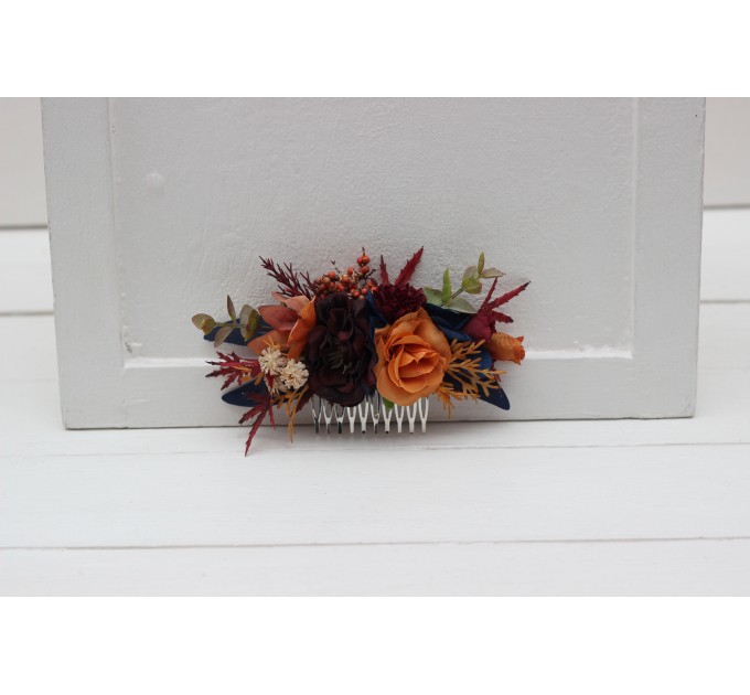 Flower comb in rust orange burgundy navy blue color scheme. Wedding accessories for hair. Bridal flower comb. Bridesmaid floral comb. 0043 EU UK