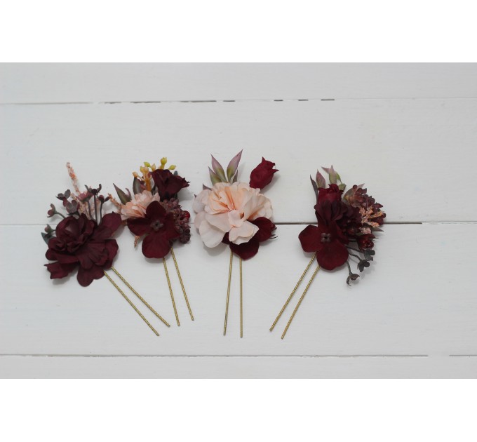  Set of 4 hair pins in  purple burgundy beige black  color scheme. Hair accessories. Flower accessories for wedding.  0072 EU UK