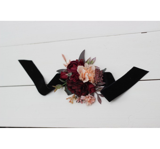 Wrist corsage in purple burgundy beige black color scheme. Flower accessories. 0072 EU UK