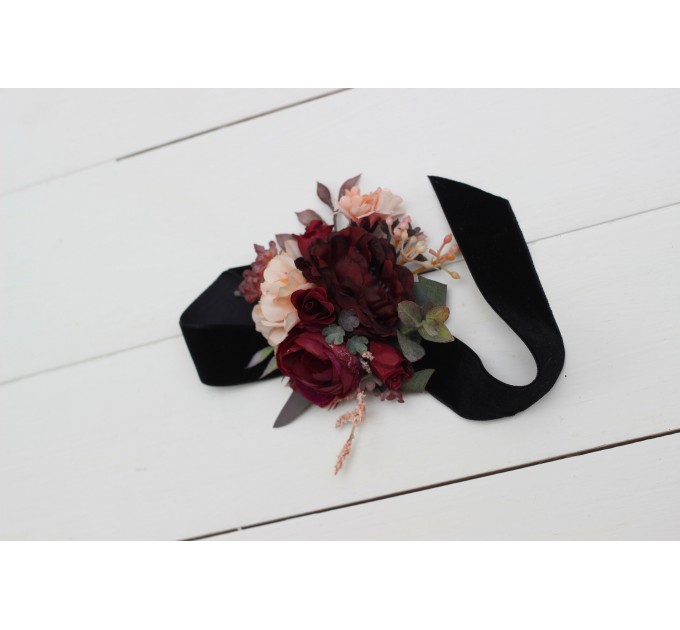 Wrist corsage in purple burgundy beige black color scheme. Flower accessories. 0072 EU UK