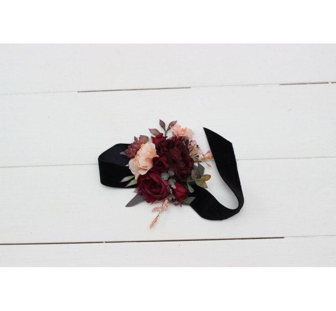 Wrist corsage in purple burgundy beige black color scheme. Flower accessories. 0072 EU UK