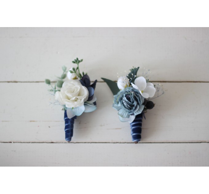  Wedding boutonnieres   in dusty blue navy blue white color scheme. Flower accessories. VERA EU UK