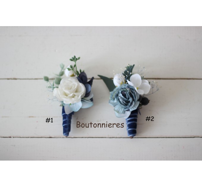  Wedding boutonnieres   in dusty blue navy blue white color scheme. Flower accessories. VERA EU UK