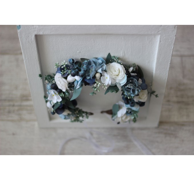 Dusty blue navy blue white flower crown. Hair wreath. Flower girl crown. Wedding flowers. VERA EU UK