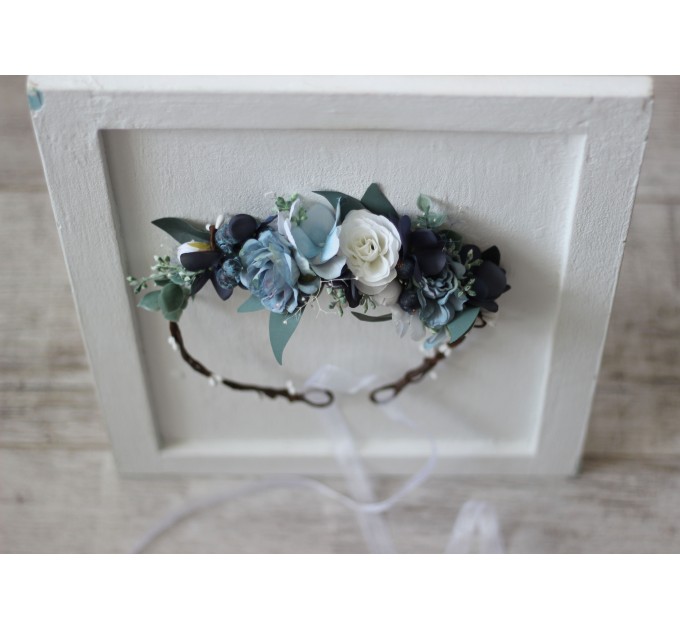 Cr-2-Dusty blue navy blue white flower crown. Hair wreath. Flower girl crown. Wedding flowers. VERA EU UK