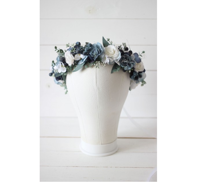 Dusty blue navy blue white flower crown. Hair wreath. Flower girl crown. Wedding flowers. VERA EU UK