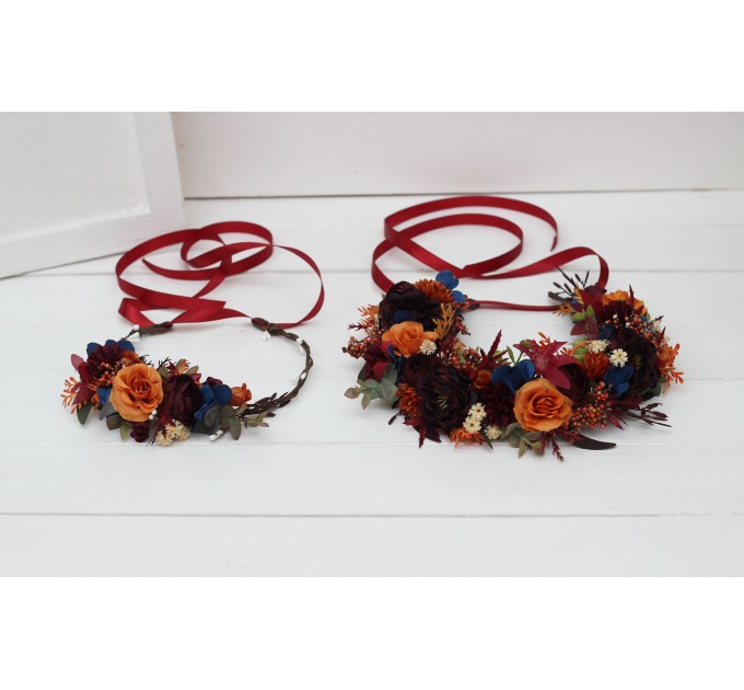 Rust orange burgundy blue flower crown. Hair wreath. Flower girl crown. Wedding flowers. 0043 EU UK