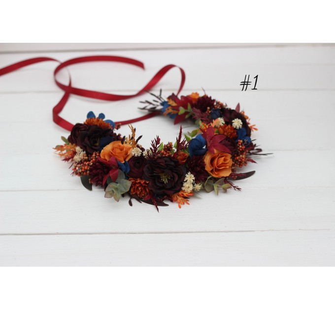 Rust orange burgundy blue flower crown. Hair wreath. Flower girl crown. Wedding flowers. 0043 EU UK