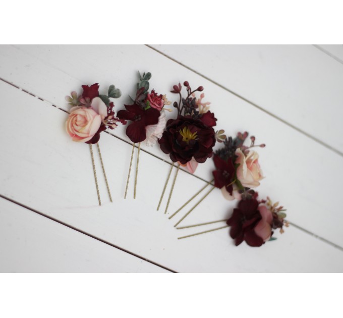  Set of  5 hair pins in burgundy blush pink color scheme. Flower hair pins. Hair accessories. Flower accessories for wedding.  Bridesmaid gift.  0015 EU UK