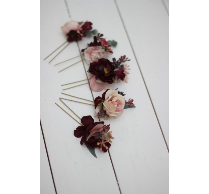  Set of  5 hair pins in burgundy blush pink color scheme. Flower hair pins. Hair accessories. Flower accessories for wedding.  Bridesmaid gift.  0015 EU UK