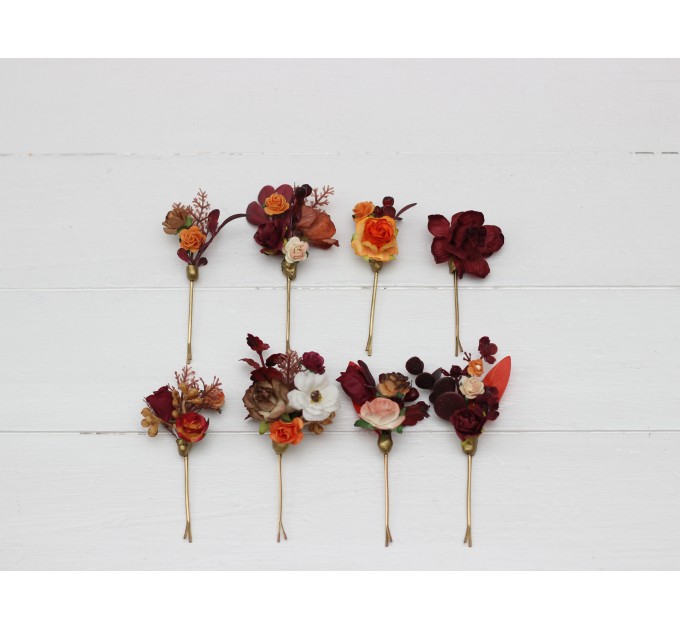  Set of 8 bobby pins in rust burgundy white color scheme. Hair accessories. Flower accessories for wedding.  0056 EU UK